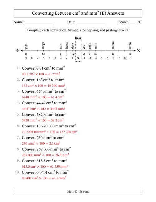 The Converting Between Square Centimetres and Square Millimetres (S.I. Number Format) (E) Math Worksheet Page 2