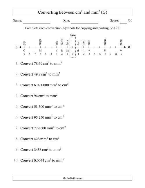 The Converting Between Square Centimetres and Square Millimetres (S.I. Number Format) (G) Math Worksheet