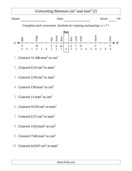 The Converting Between Square Centimetres and Square Millimetres (S.I. Number Format) (J) Math Worksheet