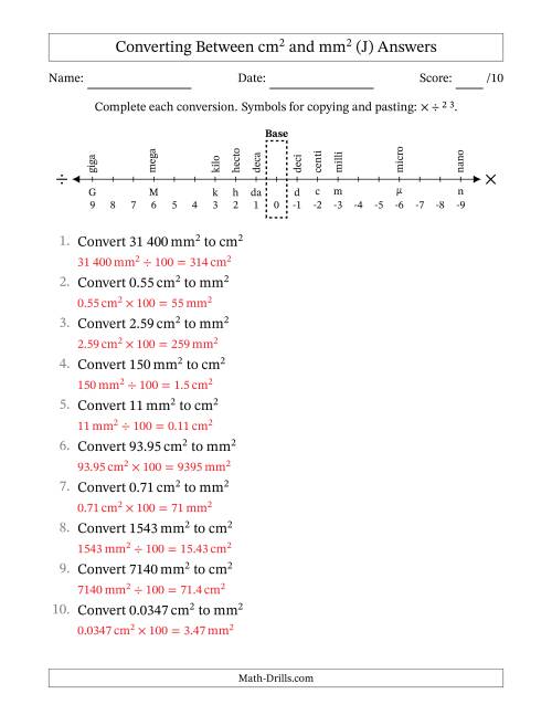 The Converting Between Square Centimetres and Square Millimetres (S.I. Number Format) (J) Math Worksheet Page 2