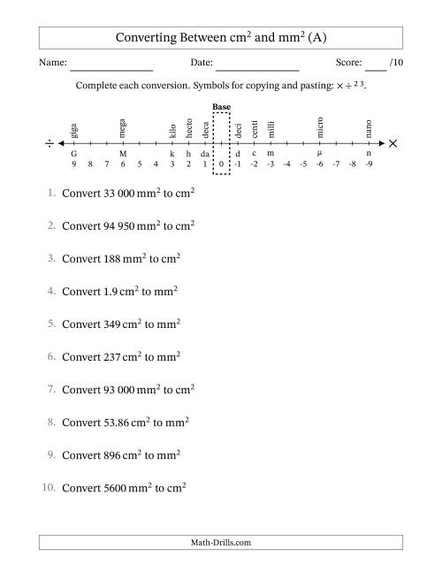 The Converting Between Square Centimetres and Square Millimetres (S.I. Number Format) (All) Math Worksheet