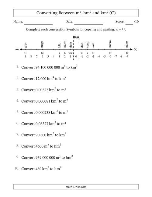 The Converting Between Square Metres, Square Hectometres and Square Kilometres (S.I. Number Format) (C) Math Worksheet