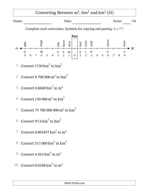 The Converting Between Square Metres, Square Hectometres and Square Kilometres (S.I. Number Format) (H) Math Worksheet