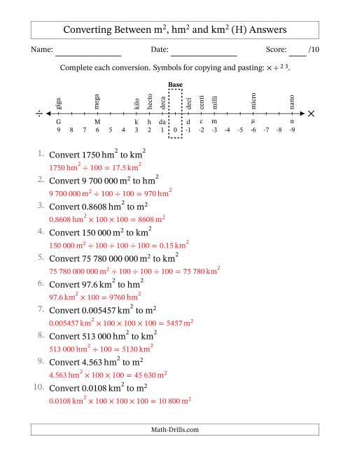 The Converting Between Square Metres, Square Hectometres and Square Kilometres (S.I. Number Format) (H) Math Worksheet Page 2