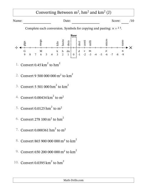The Converting Between Square Metres, Square Hectometres and Square Kilometres (S.I. Number Format) (J) Math Worksheet