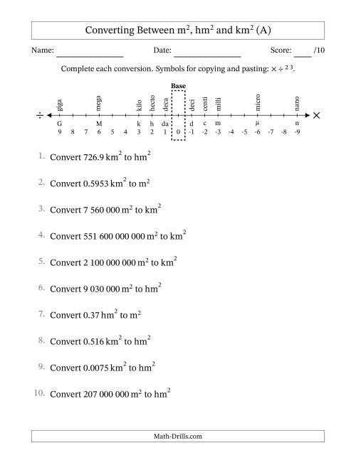 The Converting Between Square Metres, Square Hectometres and Square Kilometres (S.I. Number Format) (All) Math Worksheet
