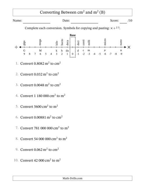 The Converting Between Square Centimetres and Square Metres (S.I. Number Format) (B) Math Worksheet