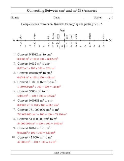The Converting Between Square Centimetres and Square Metres (S.I. Number Format) (B) Math Worksheet Page 2