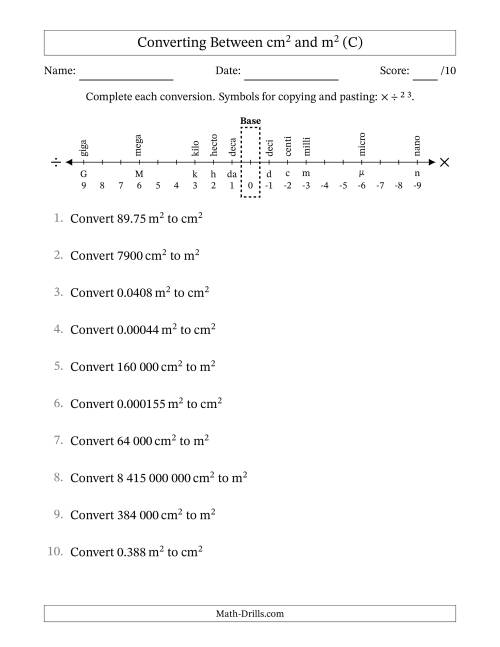 The Converting Between Square Centimetres and Square Metres (S.I. Number Format) (C) Math Worksheet