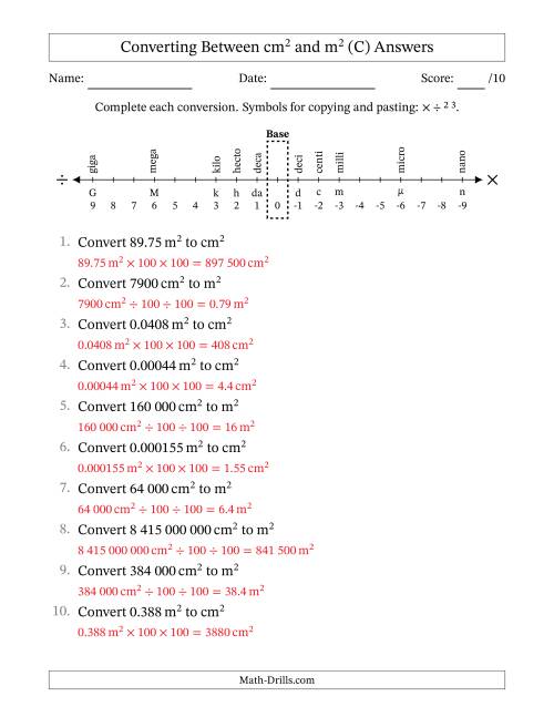 The Converting Between Square Centimetres and Square Metres (S.I. Number Format) (C) Math Worksheet Page 2