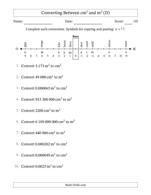 The Converting Between Square Centimetres and Square Metres (S.I. Number Format) (D) Math Worksheet