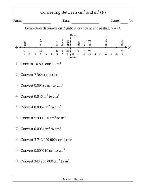 The Converting Between Square Centimetres and Square Metres (S.I. Number Format) (F) Math Worksheet