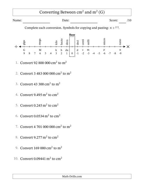 The Converting Between Square Centimetres and Square Metres (S.I. Number Format) (G) Math Worksheet