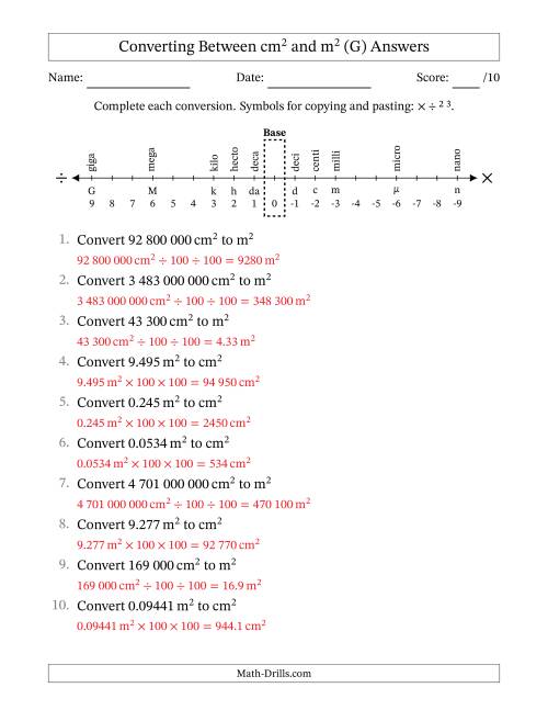 The Converting Between Square Centimetres and Square Metres (S.I. Number Format) (G) Math Worksheet Page 2