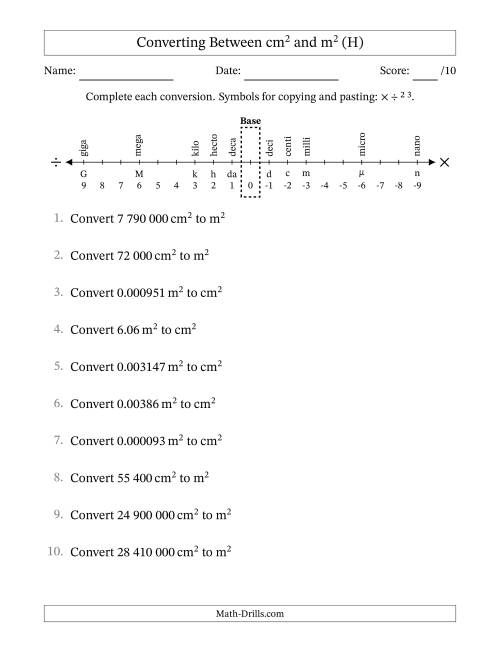 The Converting Between Square Centimetres and Square Metres (S.I. Number Format) (H) Math Worksheet