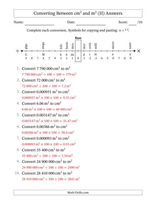 The Converting Between Square Centimetres and Square Metres (S.I. Number Format) (H) Math Worksheet Page 2