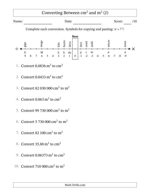 The Converting Between Square Centimetres and Square Metres (S.I. Number Format) (J) Math Worksheet