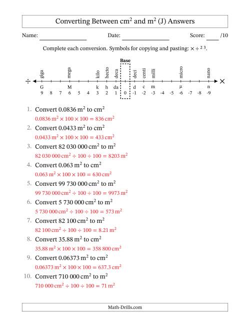 The Converting Between Square Centimetres and Square Metres (S.I. Number Format) (J) Math Worksheet Page 2