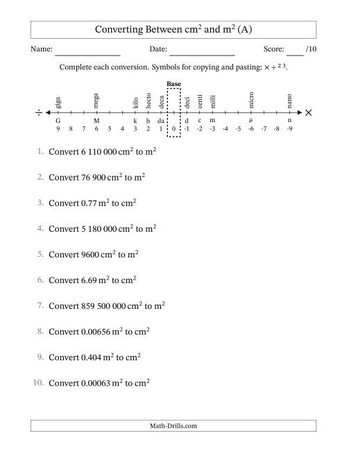 The Converting Between Square Centimetres and Square Metres (S.I. Number Format) (All) Math Worksheet