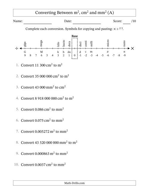 The Converting Between Square Metres, Square Centimetres and Square Millimetres (S.I. Number Format) (A) Math Worksheet