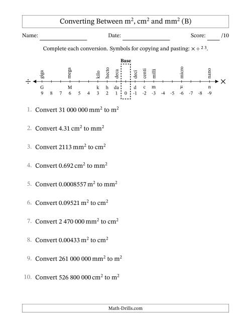 The Converting Between Square Metres, Square Centimetres and Square Millimetres (S.I. Number Format) (B) Math Worksheet