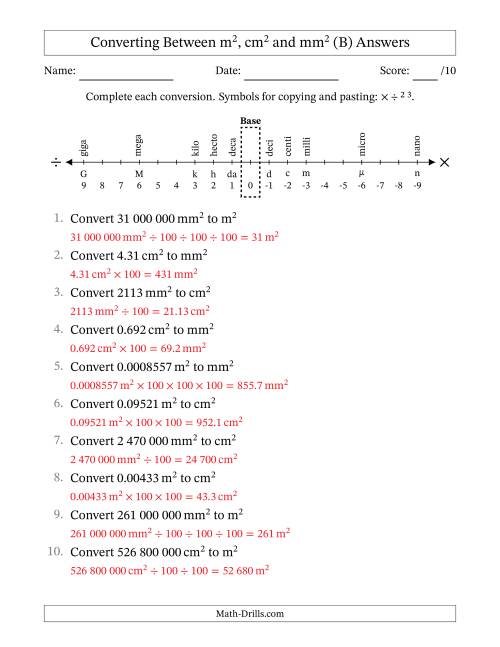 The Converting Between Square Metres, Square Centimetres and Square Millimetres (S.I. Number Format) (B) Math Worksheet Page 2