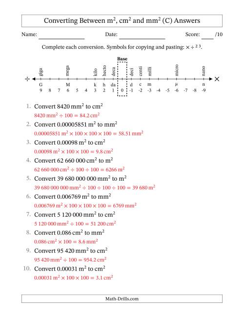 The Converting Between Square Metres, Square Centimetres and Square Millimetres (S.I. Number Format) (C) Math Worksheet Page 2