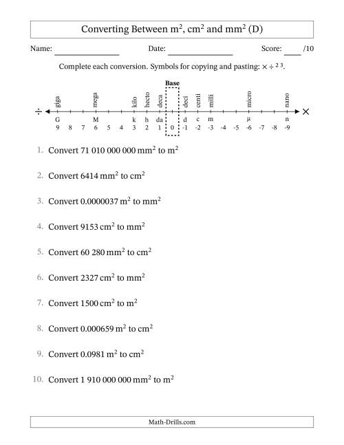 The Converting Between Square Metres, Square Centimetres and Square Millimetres (S.I. Number Format) (D) Math Worksheet