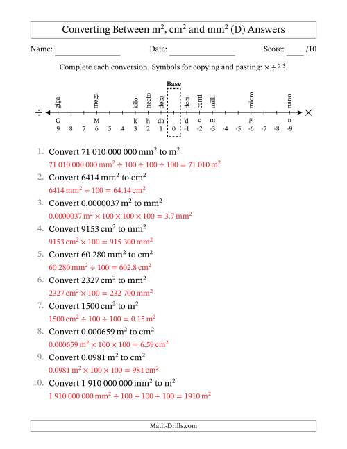 The Converting Between Square Metres, Square Centimetres and Square Millimetres (S.I. Number Format) (D) Math Worksheet Page 2