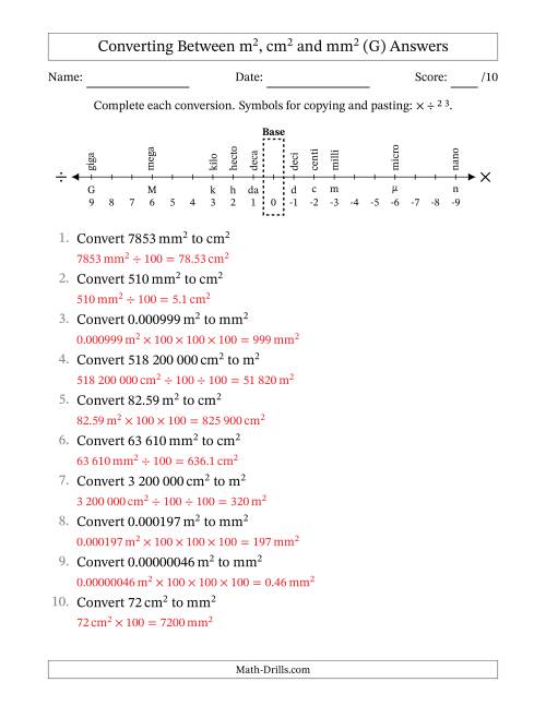 The Converting Between Square Metres, Square Centimetres and Square Millimetres (S.I. Number Format) (G) Math Worksheet Page 2