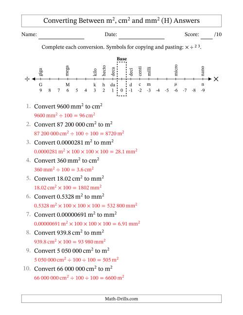 The Converting Between Square Metres, Square Centimetres and Square Millimetres (S.I. Number Format) (H) Math Worksheet Page 2