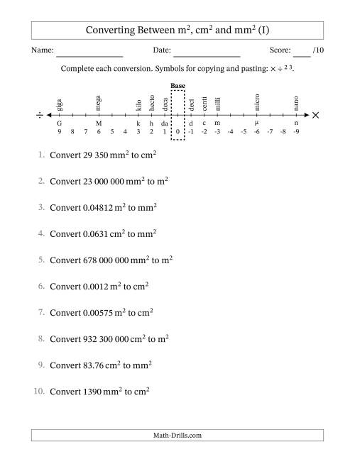 The Converting Between Square Metres, Square Centimetres and Square Millimetres (S.I. Number Format) (I) Math Worksheet