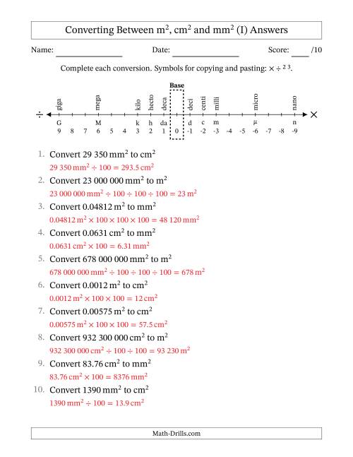 The Converting Between Square Metres, Square Centimetres and Square Millimetres (S.I. Number Format) (I) Math Worksheet Page 2