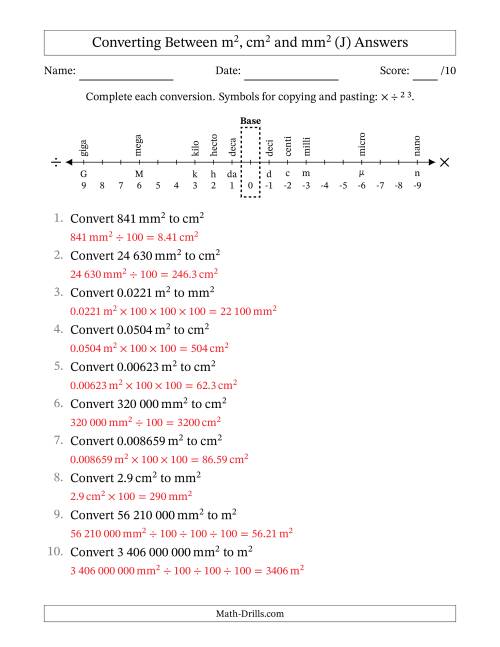 The Converting Between Square Metres, Square Centimetres and Square Millimetres (S.I. Number Format) (J) Math Worksheet Page 2