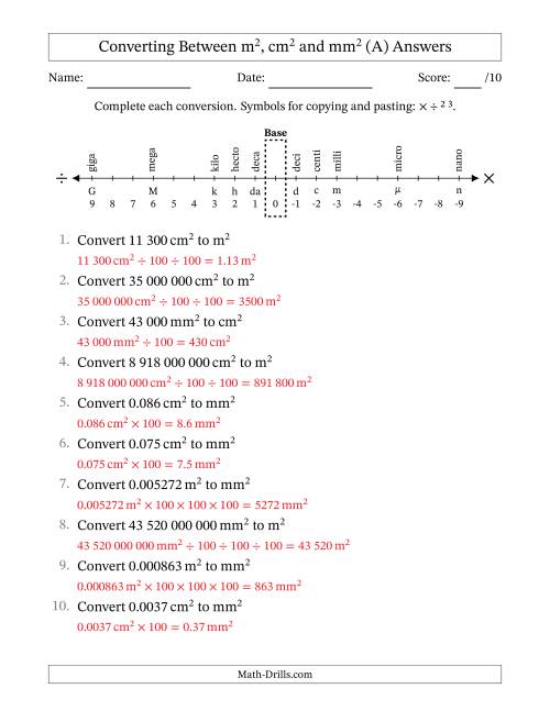 The Converting Between Square Metres, Square Centimetres and Square Millimetres (S.I. Number Format) (All) Math Worksheet Page 2