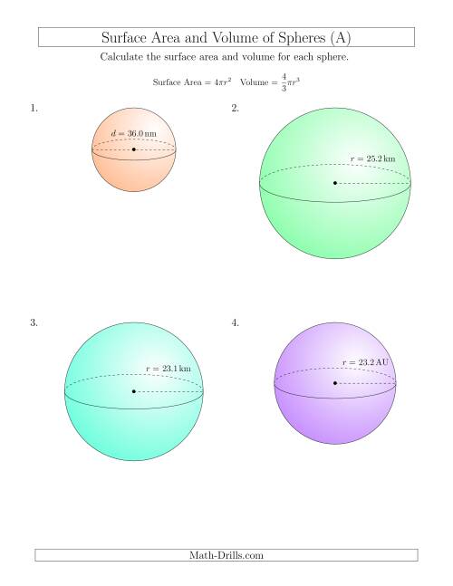 The Volume and Surface Area of Spheres (One Decimal Place) (A) Math Worksheet