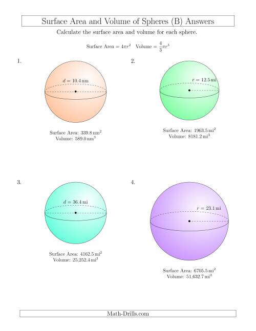 The Volume and Surface Area of Spheres (One Decimal Place) (B) Math Worksheet Page 2