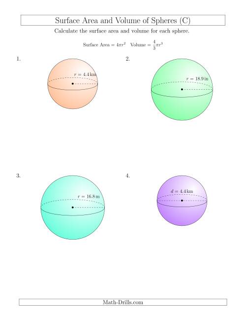The Volume and Surface Area of Spheres (One Decimal Place) (C) Math Worksheet