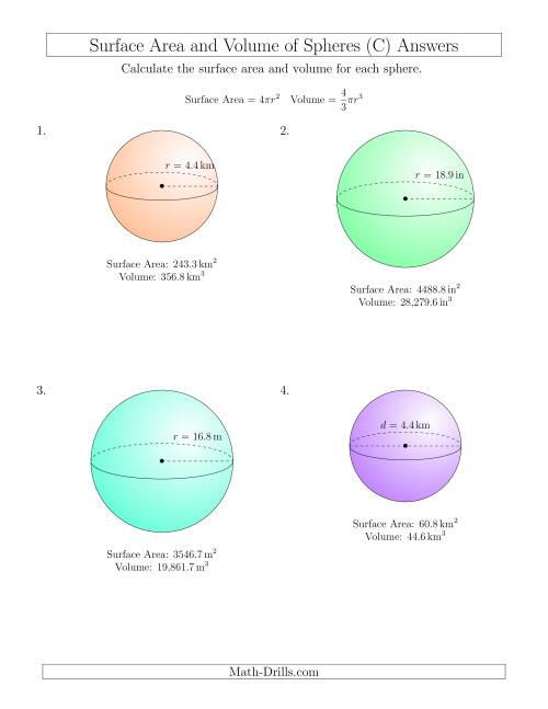 The Volume and Surface Area of Spheres (One Decimal Place) (C) Math Worksheet Page 2