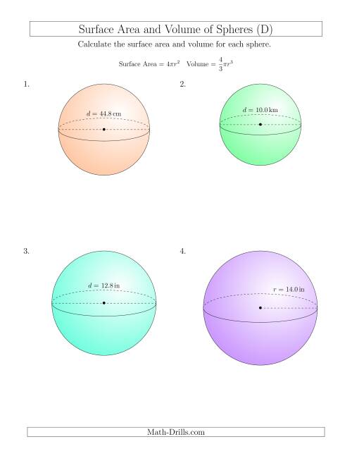 The Volume and Surface Area of Spheres (One Decimal Place) (D) Math Worksheet