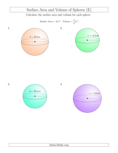 The Volume and Surface Area of Spheres (One Decimal Place) (E) Math Worksheet