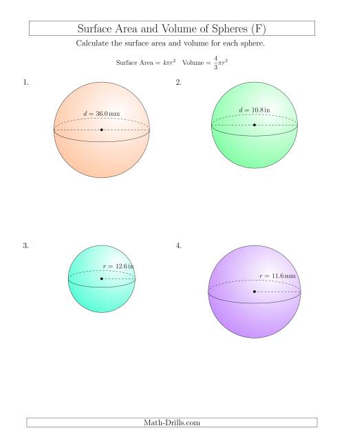 The Volume and Surface Area of Spheres (One Decimal Place) (F) Math Worksheet
