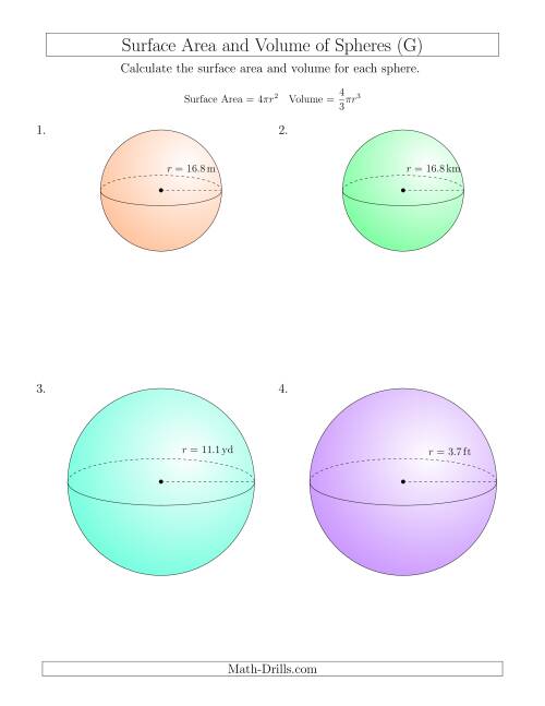 The Volume and Surface Area of Spheres (One Decimal Place) (G) Math Worksheet