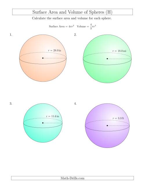 The Volume and Surface Area of Spheres (One Decimal Place) (H) Math Worksheet
