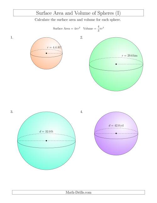 The Volume and Surface Area of Spheres (One Decimal Place) (I) Math Worksheet