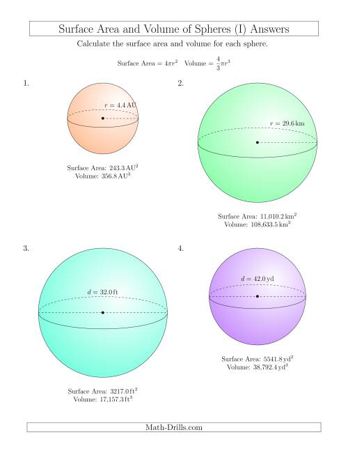 The Volume and Surface Area of Spheres (One Decimal Place) (I) Math Worksheet Page 2