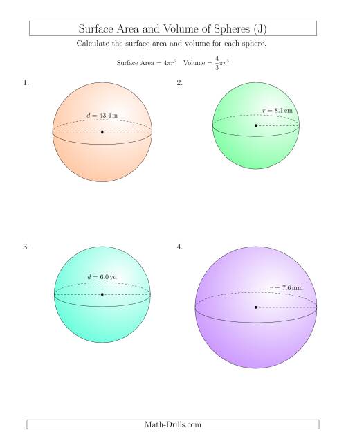 The Volume and Surface Area of Spheres (One Decimal Place) (J) Math Worksheet