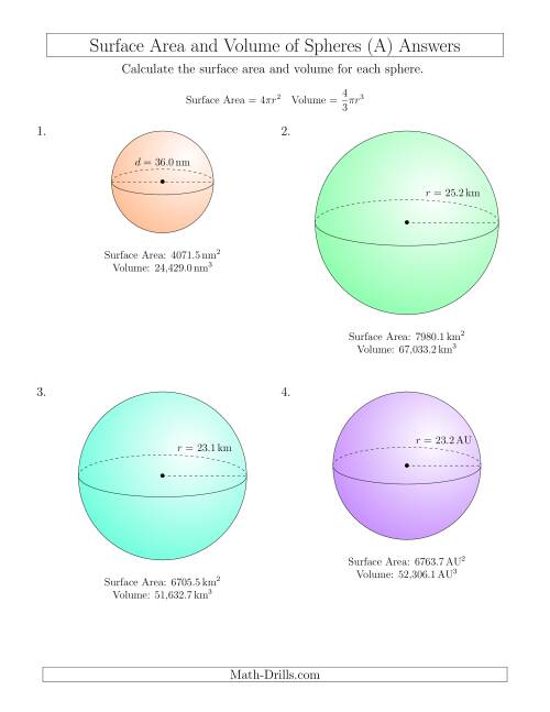 The Volume and Surface Area of Spheres (One Decimal Place) (All) Math Worksheet Page 2