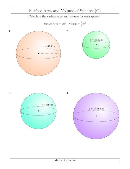 The Volume and Surface Area of Spheres (Two Decimal Places) (C) Math Worksheet