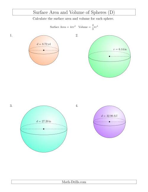 The Volume and Surface Area of Spheres (Two Decimal Places) (D) Math Worksheet